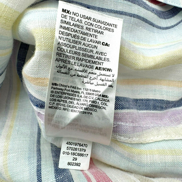 CHICO'S Womens 2 Large Pastel Rainbow Stripe Shirt 100% Linen No Iron 3/4 Sleeve - Picture 6 of 9